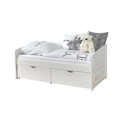 TiCAA Lit enfant avec tiroirs de rangement Mini Micki hêtre blanc 2 tiroirs, matelas 80x160 cm
