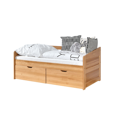 TiCAA Lit enfant avec tiroirs de rangement Mini Micki hêtre naturel 2 tiroirs, matelas 80x160 cm