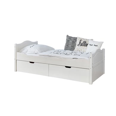 TiCAA Lit simple enfant avec tiroirs de rangement Leni pin blanc, 2 tiroirs 90x200 cm