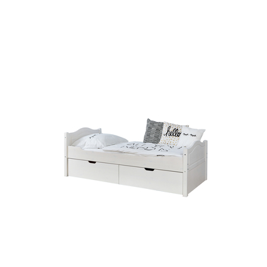 TiCAA Lit simple enfant avec tiroirs de rangement Leni pin blanc, 2 tiroirs 100x200 cm