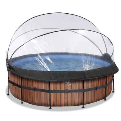 EXIT Frame Pool ø427x122cm (12v Sand filter) - Träoptik + Soltak + Värmepump