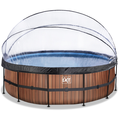 Levně Rámový bazén EXIT ø488x122cm (12v Sand filtr) - dřevěná optika + střešní okno + tepelné čerpadlo
