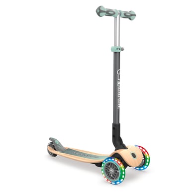 GLOBBER Patinete Scooter PRIMO FOLDABLE WOOD LIGHTS verde claro ruedas luminosas y madera