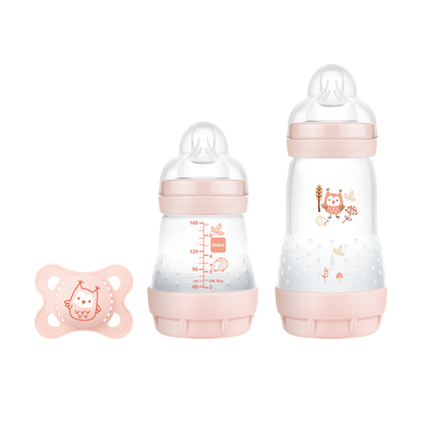 MAM Coffret naissance biberons Easy Start S anti-coliques Elements 160/260 ml hibou rose