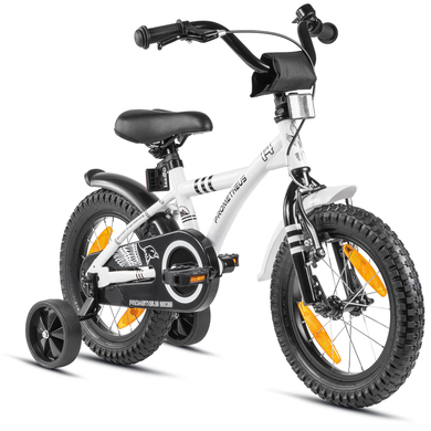 PROMETHEUS BICYCLES® Vélo enfant 14 pouces, stabilisateurs blanc/noir