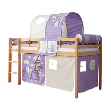 TiCAA Lit mezzanine enfant Rene hêtre naturel Horse violet 90x200 cm