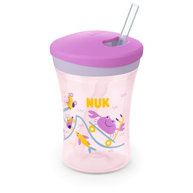 Levně NUK Action Cup měkké brčko na pití, nepropustné od 12 měsíců fialové barvy