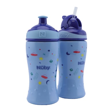 Gourde et bouteille à paille Nûby avec bouchon Pop-Up 360ml 12 mois et +, bleu, 2 pièces