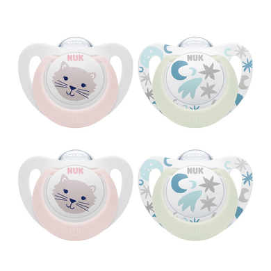 NUK Sucette Star Day & Night taille 1 silicone, rose/bleu clair lot de 4