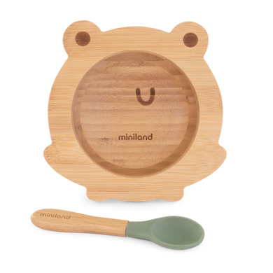miniland Set de vaisselle composé d'un bol et d'une cuillère en bois wooden bowl frog