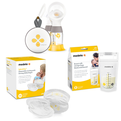 Image of Medela Set per l'allattamento al seno Tiralatte elettrico doppio Swing Maxi, 50 sacchetti per il latte materno da 180 ml, 60 coppette assorbilatte monouso