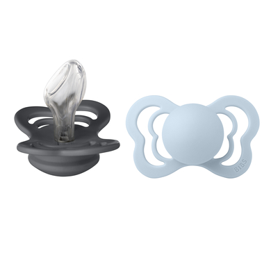 BIBS® Sucette Couture Iron & Baby Blue silicone 6-18 mois, lot de 2