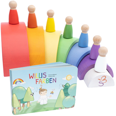 Schmetterline Set d'arcs et de poupées en bois avec livre Les couleurs de Willi