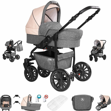 Friedrich Hugo Berlin / 3 in 1 Kombi Kinderwagen Set / Luftreifen Grey and Beige Night