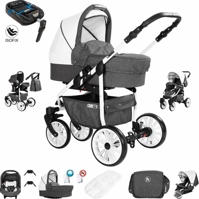 Friedrich Hugo Berlin / 4 in 1 Kombi Kinderwagen + ISOFIX / Luftreifen Dark Grey and White Day