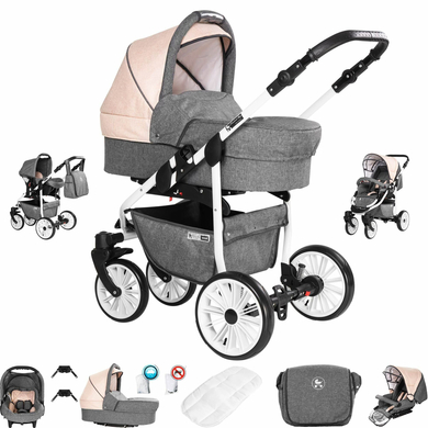 Friedrich Hugo Berlin / 3 in 1 Kombi Kinderwagen Set / GEL Reifen Grey and Beige Day