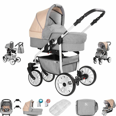 Friedrich Hugo Berlin / 3 in 1 Kombi Kinderwagen Set / GEL Reifen Light Grey and Beige Day
