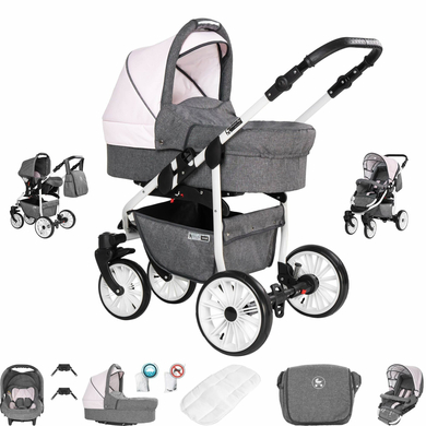 Friedrich Hugo Berlin / 3 in 1 Kombi Kinderwagen Set / GEL Reifen Grey and Light Rose Day