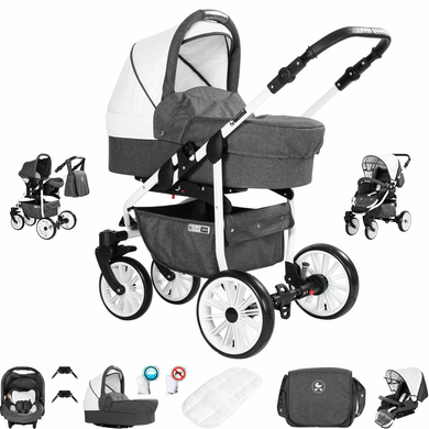 Friedrich Hugo Berlin / 3 in 1 Kombi Kinderwagen Set / GEL Reifen Dark Grey and White Day