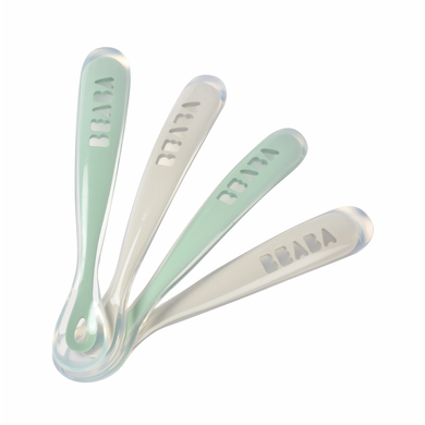 BEABA ® Set di 4 cucchiai in silicone per bambini di 1a età, velvet grigio/verde salvia