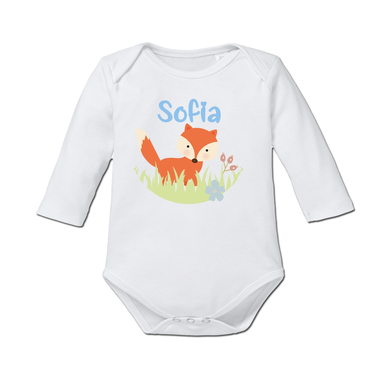 Schnullireich Baby Body (Langarm) mit Namen Weiß – Fuchs Woody Weiß