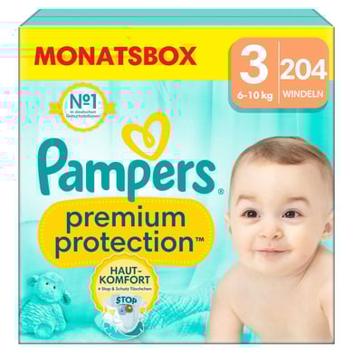 Pampers Premium Protection, taglia 3 Midi, 6-10 kg, confezione mensile da 204 pannolini