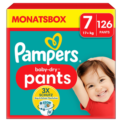 Levně Pampers Baby-Dry Pants, velikost 7 Extra Large , 17 kg+, mÄ›sĂ­ÄŤnĂ­ balenĂ­ (1 x 126 plen)