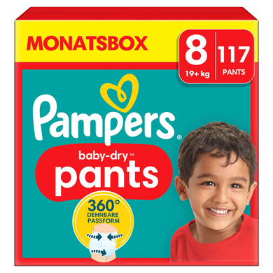 Levně Pampers Baby-Dry Pants, velikost 8 Extra Large , 19kg+, mÄ›sĂ­ÄŤnĂ­ balenĂ­ (1 x 117 plen)