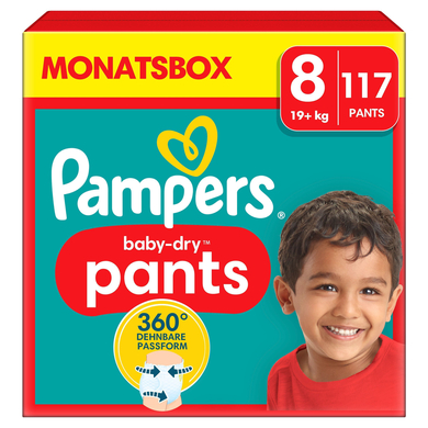 Pampers Couches culottes Baby-Dry Pants T.8 extra large 19 kg+ pack mensuel 1x117 pièces