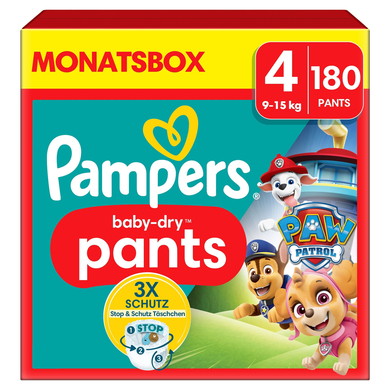 Levně Pampers Baby-Dry Pants Paw Patrol, velikost 4 Maxi, 9-15 kg, mÄ›sĂ­ÄŤnĂ­ balenĂ­ (1 x 180 plenek)