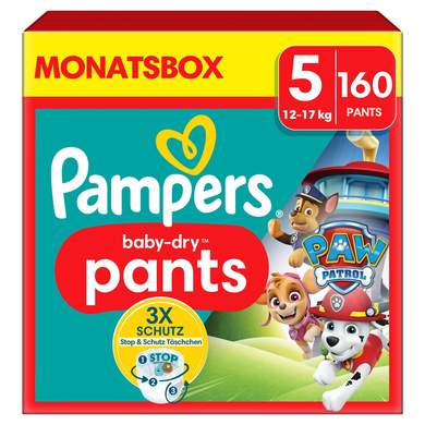 Levně Pampers Baby-Dry Pants Paw Patrol, velikost 5 Junior 12-17kg, mÄ›sĂ­ÄŤnĂ­ balenĂ­ (1 x 160 plen)