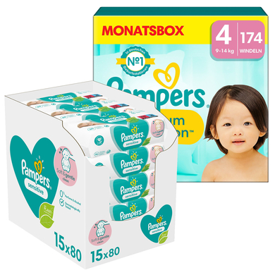 Image of Pampers Premium Protection , maat 4, 9-14kg, maandbox (1x 174 luiers) en Pampers Sensitive Natte doekjes 1200 doekjes (15 x 80 stuks)