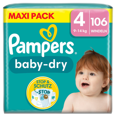 Levně Pampers Plenky Baby-Dry, velikost 4, 9-14 kg, Maxi Pack (1 x 106 plenek)