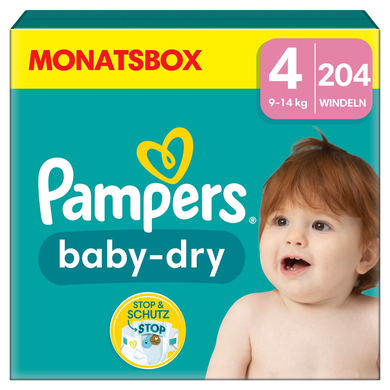 Bilde av Pampers Baby-dry Bleier, Størrelse 4, 9-14 Kg, Månedseske (1 X 204 Bleier)