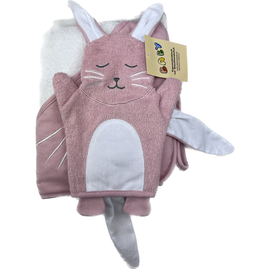 Hütte Geschenkeset Kapuzenbadetuch mit Waschhandschuh Hase rosa