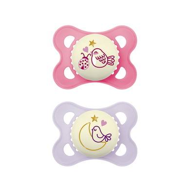 MAM Sucette Pure Night oiseau/lune 0-6 mois silicone lot de 2