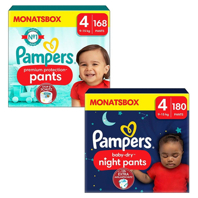 Bilde av Pampers Bleiesett Premium Protection Pants, Str. 4, 9-15 Kg, Månedseske (168 Bleier) Og Baby-dry Pants Night , Str. 4 Maxi, 9-15 Kg, Månedseske (180 Bukser)
