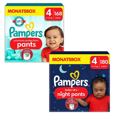 Image of Pampers Luierset Premium Protection Pants, maat 4, 9-15kg, maandbox (168 luiers) en Baby-Dry Pants Night , maat 4 Maxi, 9-15kg, maandbox (180 broekjes) 