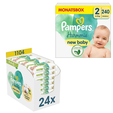 Image of Pampers Luierset Harmonie maat 2, 4kg - 8kg (240 luiers) en vochtige doekjes Harmonie New Baby, 1.104 doekjes (24 x 46 stuks).