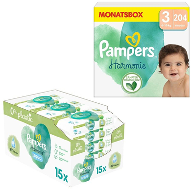 Image of Pampers Luierset Harmonie maat 3 Newborn , 6-10 kg (204 luiers) en vochtige doekjes Aqua 720 doekjes (15 x 48 stuks) 