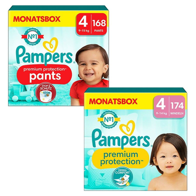 Image of Pampers Set di Pannolini Premium Protection Pants, taglia 4, 9-15kg (168 pz.) e Pannolini Premium Protection, taglia 4 Maxi, 9-14kg (174 pz.)