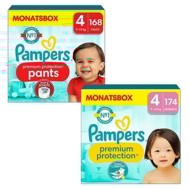 Pampers Set di Pannolini Premium Protection Pants, taglia 4, 9-15kg (168 pz.) e Pannolini Premium Protection, taglia 4 Maxi, 9-14kg (174 pz.)