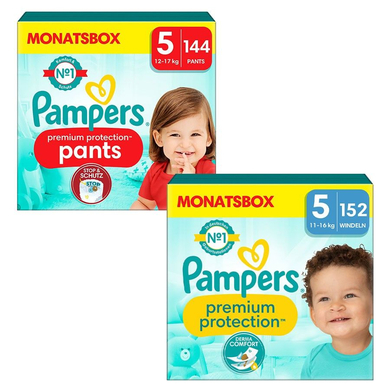 Image of Pampers Set di Pannolini Premium Protection Pants, taglia 5, 12-17kg (144 pz.) e Pannolini Premium Protection, taglia 5 Junior, 11-16kg (152 pz.)