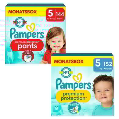 Pampers Set di Pannolini Premium Protection Pants, taglia 5, 12-17kg (144 pz.) e Pannolini Premium Protection, taglia 5 Junior, 11-16kg (152 pz.)
