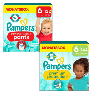 Pampers Blöjset Premium Protection Pants, storlek 6, 15kg+ (132 byxor) och Premium Protection Blöjor, storlek 6 Extra Large , 13kg+ (144 blöjor)