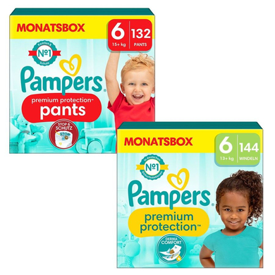 Image of Pampers Set di pannolini Premium Protection Pants, taglia 6, 15kg+ (132 pz.) e Premium Protection Diapers, taglia 6 Extra Large , 13kg+ (144 pz.)