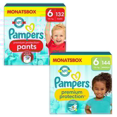 Pampers Set di pannolini Premium Protection Pants, taglia 6, 15kg+ (132 pz.) e Premium Protection Diapers, taglia 6 Extra Large , 13kg+ (144 pz.)