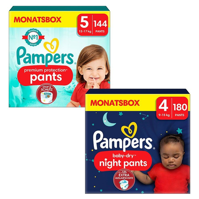 Image of Pampers Protection Night Premium Pants, taglia 5, 12-17 kg (144 pannolini) e Baby-Dry Pants , taglia 5 12-17 kg (160 pantaloni)