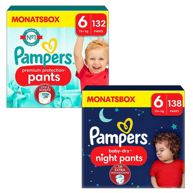 Pampers Couches Premium Protection Pants taille 6 15kg+ (132 pcs), Baby-Dry Pants Night taille 6 15kg+ (138 pcs)