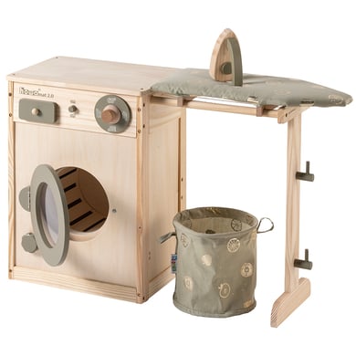 Image of howa® Lavatrice in legno per bambini con stendibiancheria, asse da stiro, cesto per il bucato e ferro da stiro